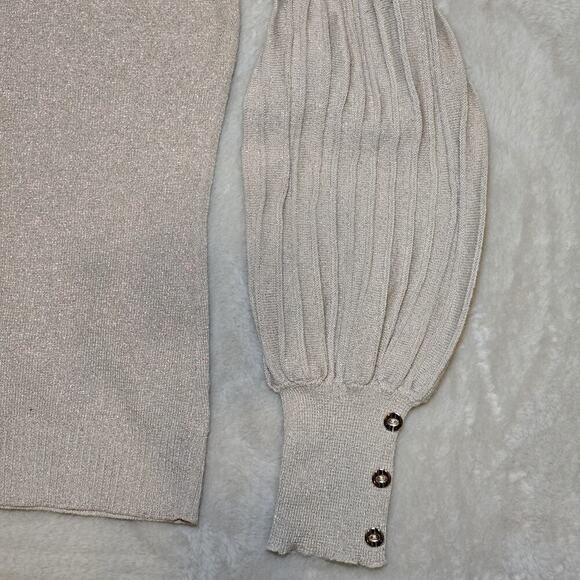 Nanette Lepore Women’s Large Shimmer Knit Sweater Metallic Pleated Sleeve Jewels - Picture 4 of 5